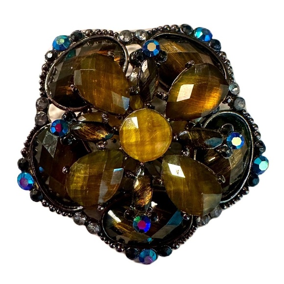 Vintage Flower Faceted Rhinestone Brooch Blue Black Amber Gold Silver Tones - Picture 1 of 8